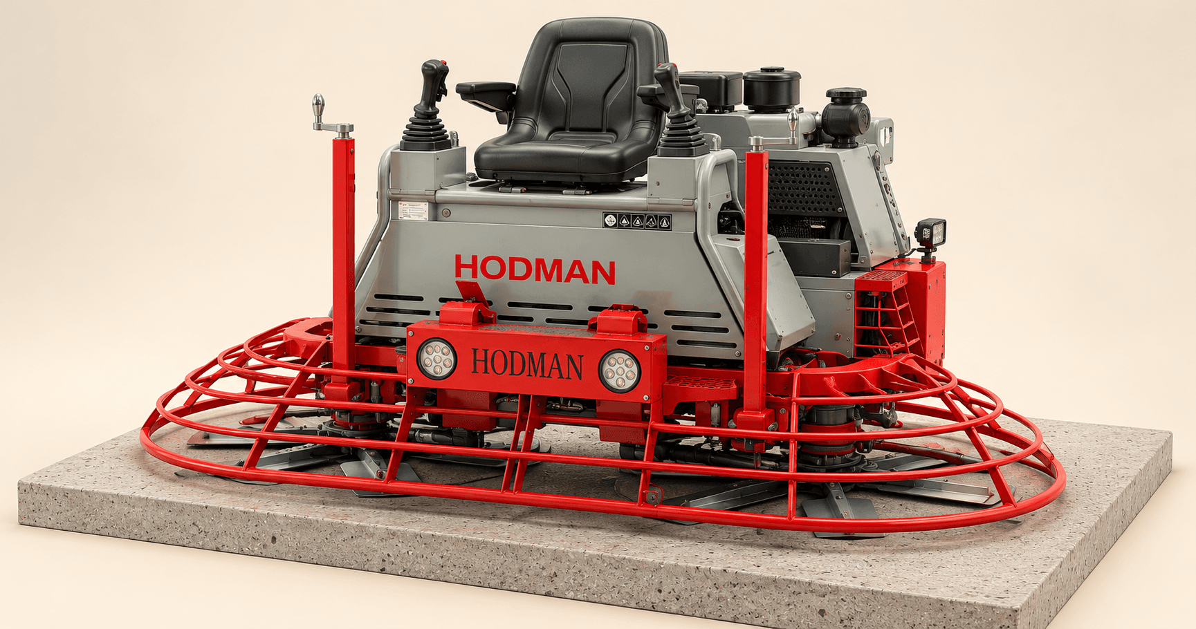 3D-рендер двухроторной затирочной машины HODMAN 1200 с красной рамой, серым корпусом и местом оператора на бетонной плите